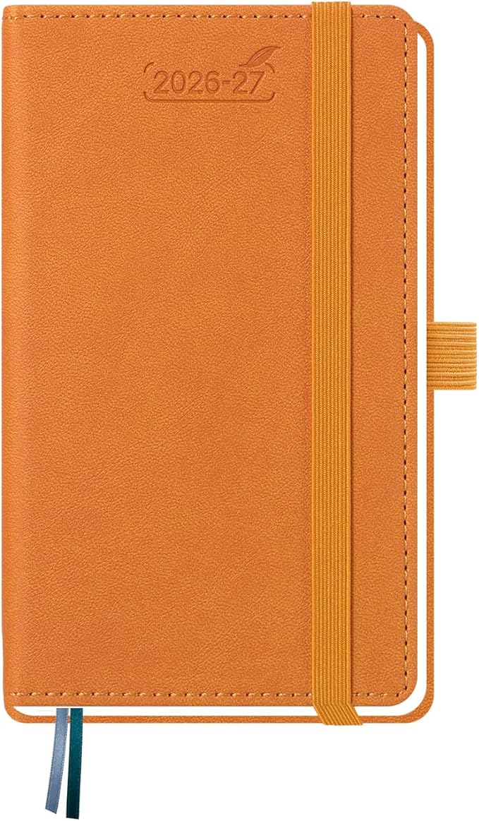 BEZEND Pocket Planner 2026-2027 Weekly and Monthly (3.5" x 6") 18 Months Small Academic Calendar (Jul 26-Dec 27) Ideal for Students, Work & Home, Storage Pocket, PU Leather Hardcover -Orange