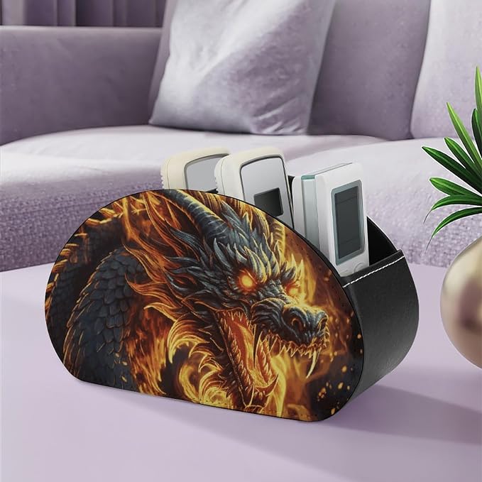 Pu Leather Remote Control Holders Waterproof TV Remote Holder with 5 Compartments Fire Chinese Dragon Remote Caddy Box Desktop Storage Organizers for TV Remotes/Media Controllers/Office Supplies
