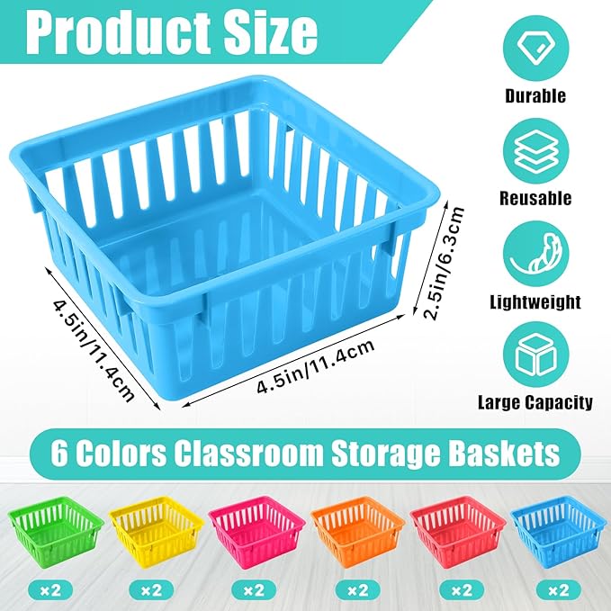 12 Pack Classroom Storage Baskets,Colorful Classroom Storage Bins,Small Plastic Organizer Basket,Crayon Pencil Containers Organizer Bins for Desk,Home,Office(4.5" L x 4.5" W x 2.5" H)