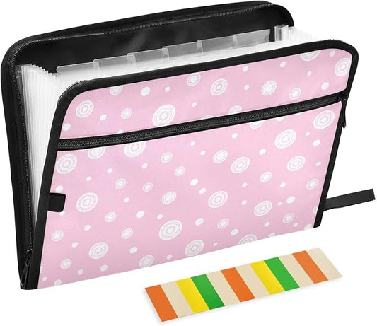Abstract Round Pink File Folders,Plastic Folders with 13 Pockets,Expandable File Folder for Documents School Students Office,Aesthetic Folder with Labels A4 Letter Size
