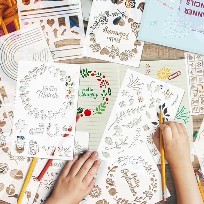 GYGOT 36 PCS Planner Stencils,Plastic Bullet Journals Stencils Journaling Supplies Bujo Accessories for A5 Dotted Journals,Incl. Ultimate Productivity/Seasonal Themes/Calendar Stencil