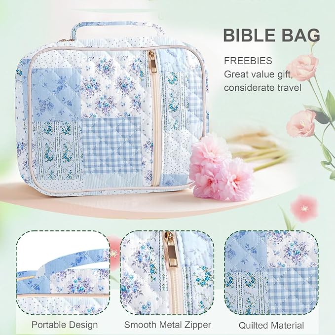 Bible Cover Case for Women, Bible Bags Large Quilted Bible Cover with Bible Study Supplies Accessories Church,Classroom,Campus,Neighborhood Association (Single Blue,M/L)
