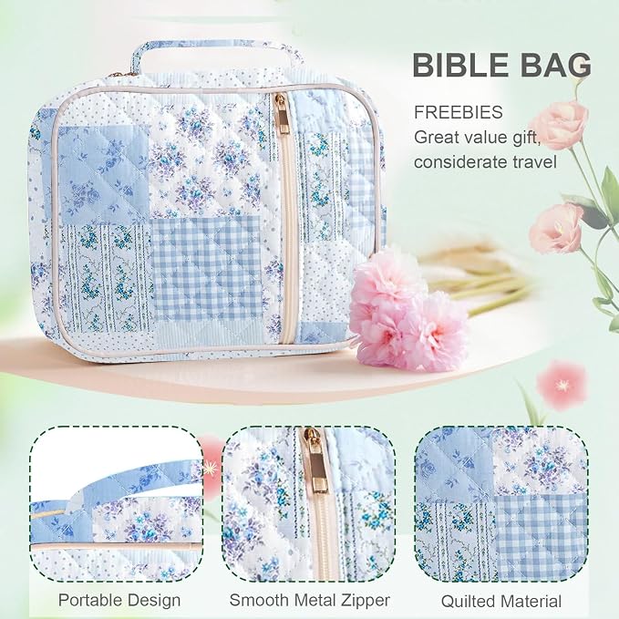 Bible Cover Case for Women, Bible Bags Large Quilted Bible Cover with Bible Study Supplies Accessories Church,Classroom,Campus,Neighborhood Association (Blue,M/L)