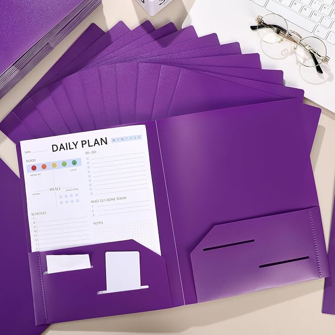 Fulmoon 48 Pack Plastic Folders with 2 Pockets Bulk 11 x 9 Inch Heavy Duty File Pocket Folders and 4 Card Slots Fit Letter Size Paper Cards for Back to School Office Home Supply(Purple)