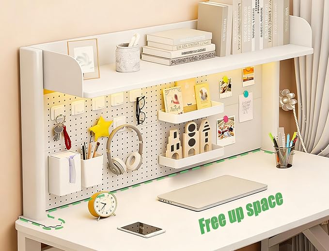 23.6 Inch Clip-on Desktop Organizer Bookshelf with Pegboard, Desk Shelf Organizer, Multipurpose Computer Desk Desktop Bookshelf, Desk Extender Pegboard Clamp, Desktop Display (White)