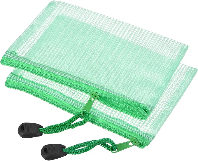MECCANIXITY Mesh Zipper Bags, A6 Size File Document Pockets Bill Pouch Folders for Office Home Supply, Green Pack of 3