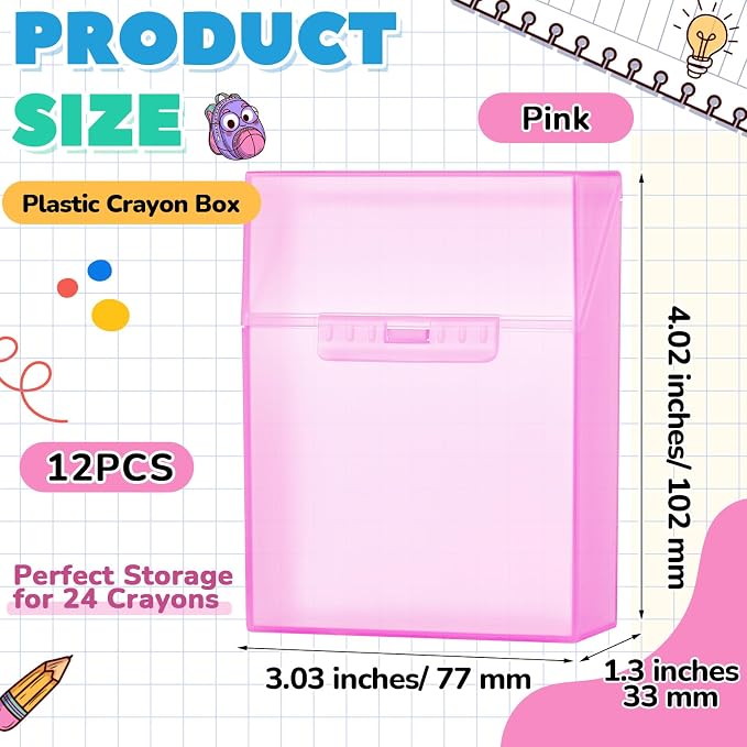 Clabby 12 Pcs Plastic Crayon Organizer Case for 24 Count Crayons Kids Art Supply Storage Box with Lid, Portable Holder for Classroom Home Travel, Fits Standard 24-Pack Crayon (Pink)
