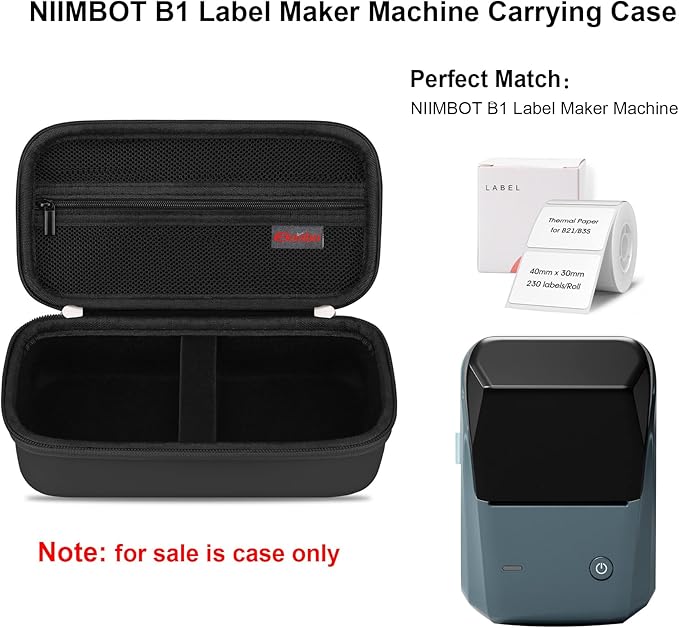 Elonbo Carrying Case for NIIMBOT B1 Label Maker Machine, Portable Mini Wireless Bluetooth Label Printer Travel Bag, Small Handheld Labeler Storage Holder, Mesh Pocket Fits Label Paper, Black