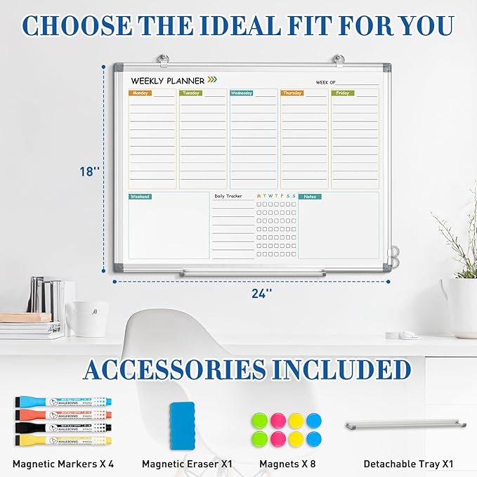 WALGLASS Weekly Dry Erase Calendar Whiteboard for Wall, 24" x 18" Double-Sided Weekly Planner White Board with Notes, Daily Tracker, Aluminum Framed Hanging & Wall Mount for Home, Office, School