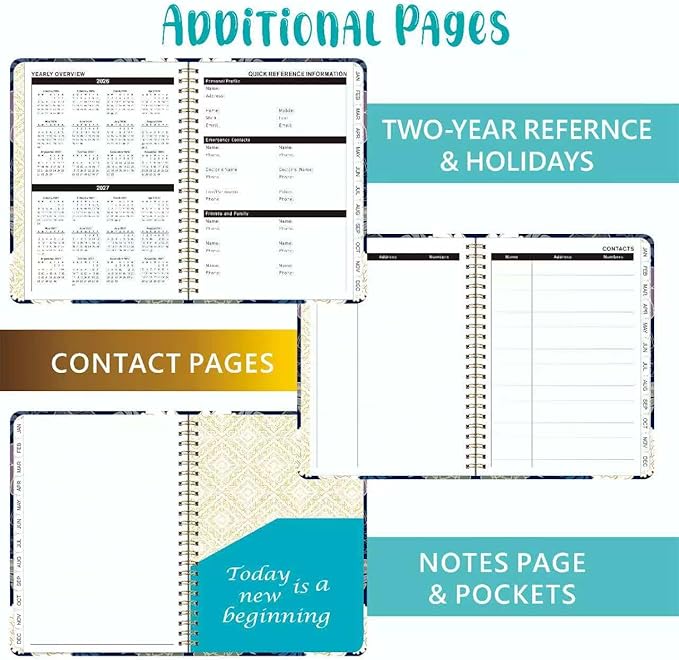 2026 Planner Weekly and Monthly Agenda Notebook, 6" X 8" Spiral Hardcover Daily Planner Calendar with Tab, Bookmarker, Elastic Band and Back Pocket, Office Supplies for Women Blue Floarl