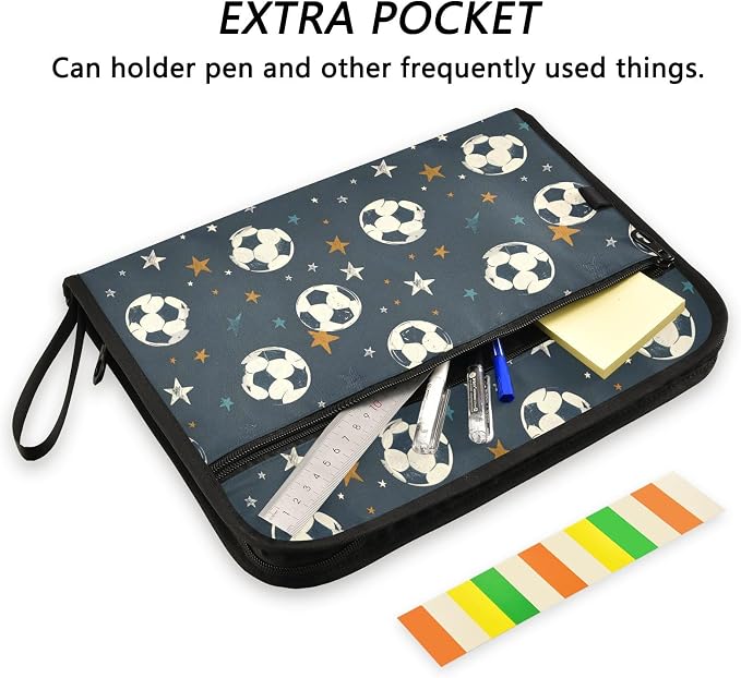 Expanding File Folder Soccer Black Accordion File Organizer 13 Pockets Document Organizer with Zipper Labels A4 Letter Office Storage