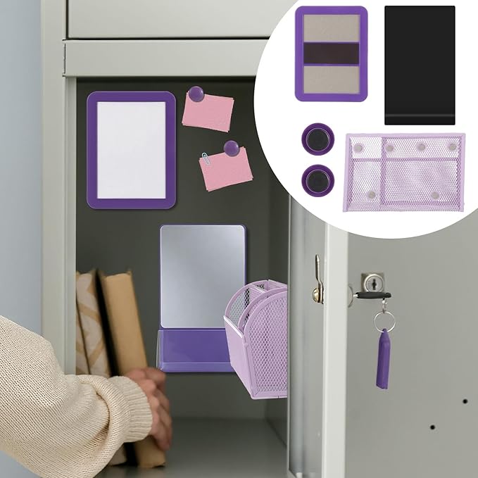 Fuyoooo Magnetic Locker Accessories Back to School Essentials Include Magnetic Mirror with Holder Magnet Mesh Pen Holder Small Whiteboard and Magnet for Office School Locker Organizer(Classic,Purple)
