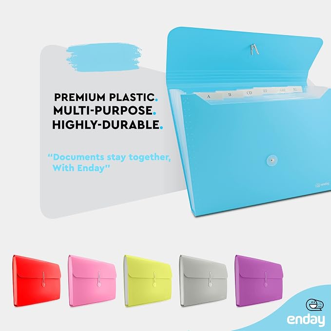 Accordion File Organizer, 7 Pocket Expanding File and Cover Folder with Labels, Plastic Portable Desktop Letter A4 Paper, in Red, Green, Pink, Blue, Purple, Multicolor, (6 Pc) – By Enday