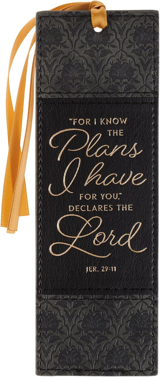 Christian Art Gifts Premium Faux Leather Charcoal & Black Floral Scripture Bookmark for Women: Know the Plans Golden Inspirational Bible Verse, Gold Satin Ribbon Markers for Reading, Marking Pages