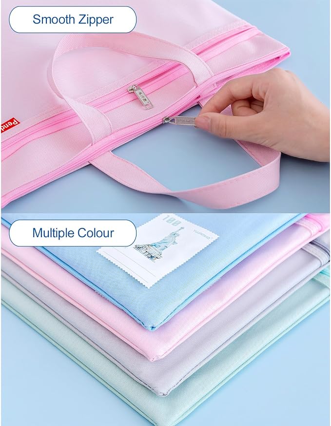Pendancy Mesh Zipper Pouch 11x13.7 in, Large Double Pocket Waterproof File Bag with Handle, A4 Size Foldable Document Storage for Puzzle Project/Cross Stitch/Travel/Office（Pink）