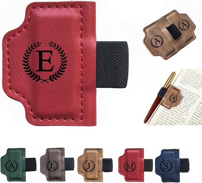 MOTEERLLU Custom Bygonemark Personalized Magnetic Leather Pen Holder Bookmark with Initial for Reading Women, Men, Teacher, Book Lovers Gifts & Accessories(Red,E)