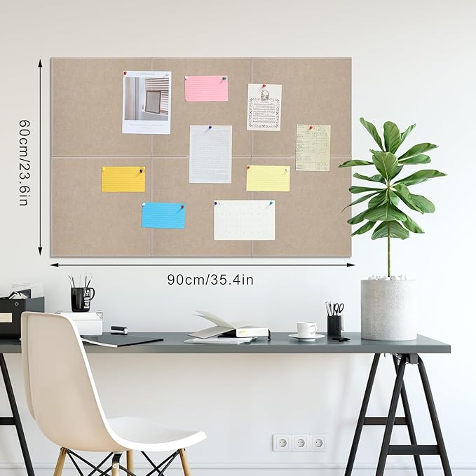 Large Cork Board 36" x 24", 6 Pack Felt Bulletin Board with 30 Pushpins, Cork Boards Alternative with Self-Adhesive Strips, Felt Wall Tiles Pin Boards for Walls Office Home School Decor-Tan