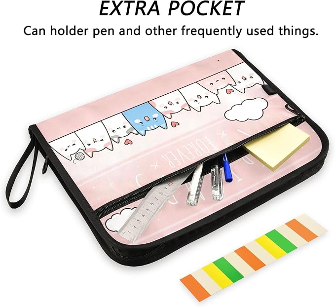 Cute Kitty Cat Pink Expanding Accordion File Folder with 13 Pockets, Sticky Labels & Zipper Closure