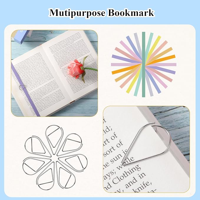 Elastic Bookmarks Set Multi Color Elastic Rope Bands Planner Bookmarks Include 30 Pcs Stainless Steel Teardrop Paper Clips and 12 Pcs Bands for Office School Reader(Cute Color)