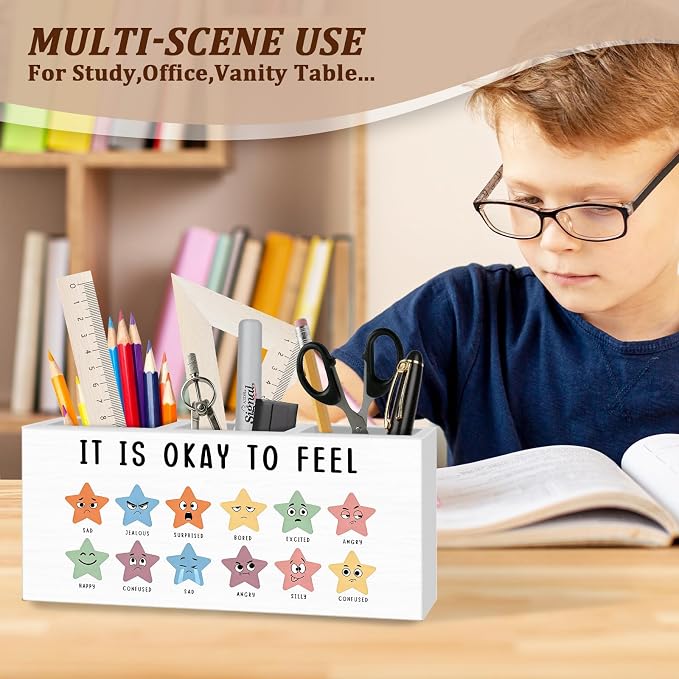 WODMIS Mental Health Classroom Pen Pencil Holder for Desk, It Is Okay to Feel Emotions Chart Wooden Box Organizer Decorations for Classroom Therapy School Counselor Office Desk Accessories Tabletop