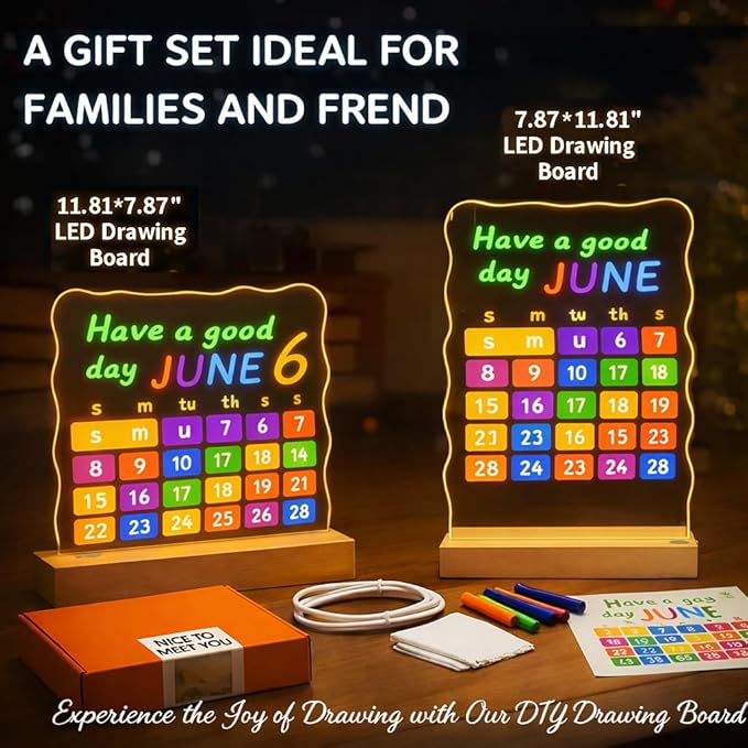 16 Inch LED Glow Drawing Board,Rechargeable Light-Up Message Board with Detachable Acrylic Panel Wood Base Dimmable Night Light Sketch Pad