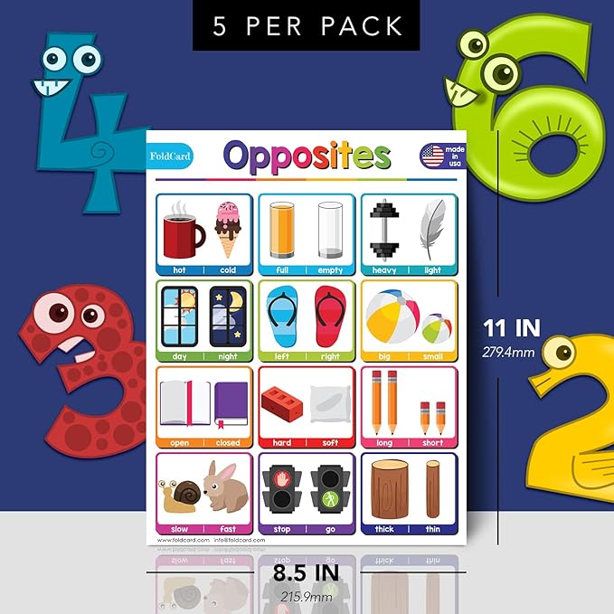 Opposites Chart for Preschool to Grade 1 Kids – Bright and Colorful Educational Visual/Learning Aid Poster Decoration for Classroom or Home | Glossy Durable Cardstock | 8.5" x 11" | 5 per Pack