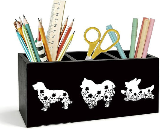 Dog Pen Holder for Desk, Pet Lover Owner Gifts, Black and White Floral Dog Wooden Box Pencil Pen Holder Organizer for Home Office Desk Accessories