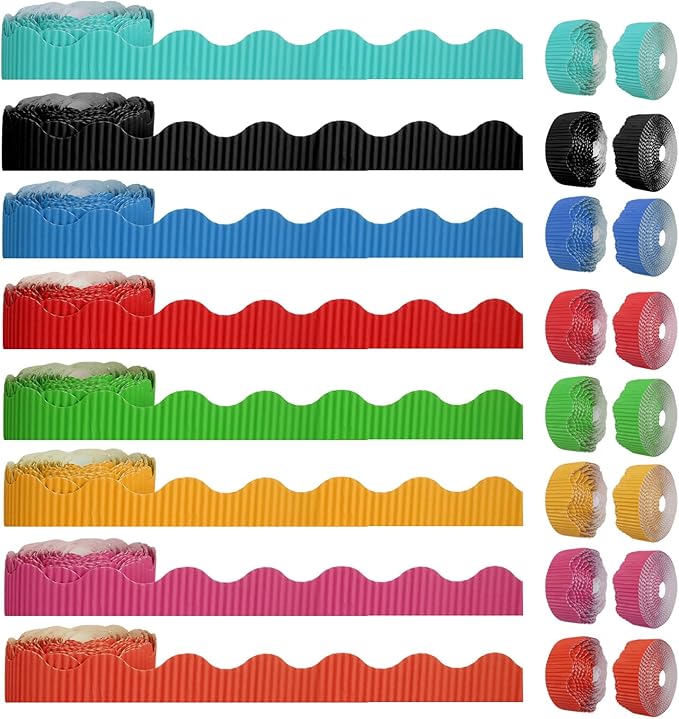 8 Pcs 400ft Bulletin Board Borders Bulk Poster Cork Bulletin Board Trim Classroom Scalloped Borders Decor for 100 Day of School Students Teacher Supplies, 8 Colors