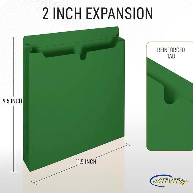 Green File Jackets, 2 Inch Expansion, Letter Size, Reinforced Straight-Cut Tab, 6 Pack