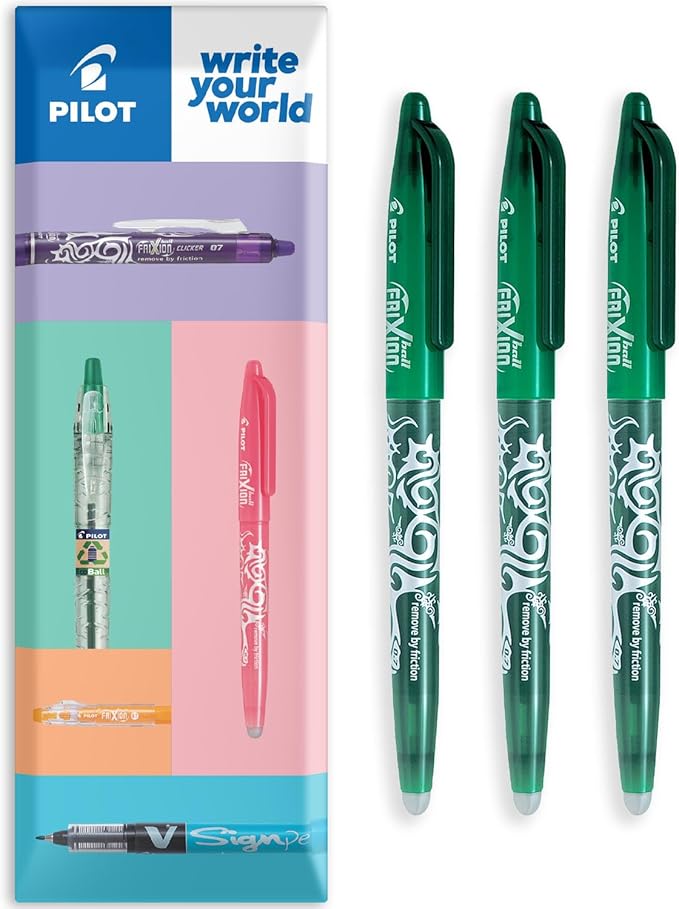 PILOT Frixion Heat/Friction Erasable Rollerball Pen FR7 - Medium Line 0.7mm Tip Nib - Pillow Pack of 3 (Green)