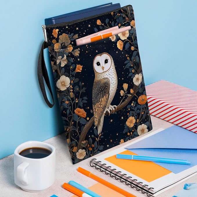 Vintage Floral Owl Book Cover, Waterproof Book Sleeve with Zippered Front Pocket Retro Flowers Book Pouch for Book Lovers, Christmas, Birthday, Graduation Gifts (Owl, Large)