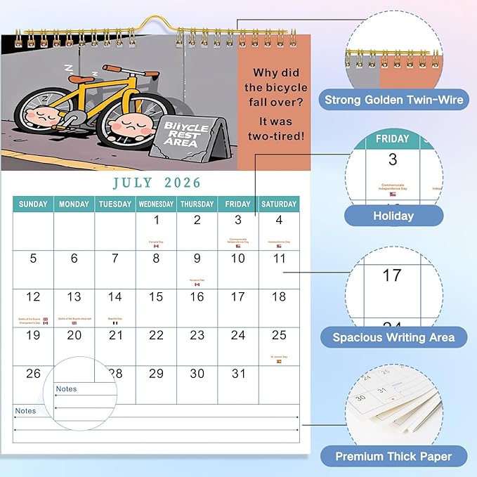 Wall Flip Calendar 2026 Office Decor 12-Months Cute Wall Calendar 2026 Jan-Dec, Wall and Desk Fun Monthly Calendar with Jokes, US Holidays, A4 Size
