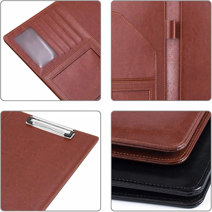 WAVEYU Leather Business/Resume Portfolio Organizer with Legal Pad Folder Clipboard, Interview Folder for Men/Women, Brown