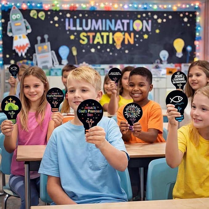 Eaasty 144 Pcs 4.6 x 3.2'' 2026 Vbs Vacation Bible School Memory Tags Illumination Theme Light Bulb Tags Double-Sided Printed for Jesus Faith Learning Church Activity Supplies