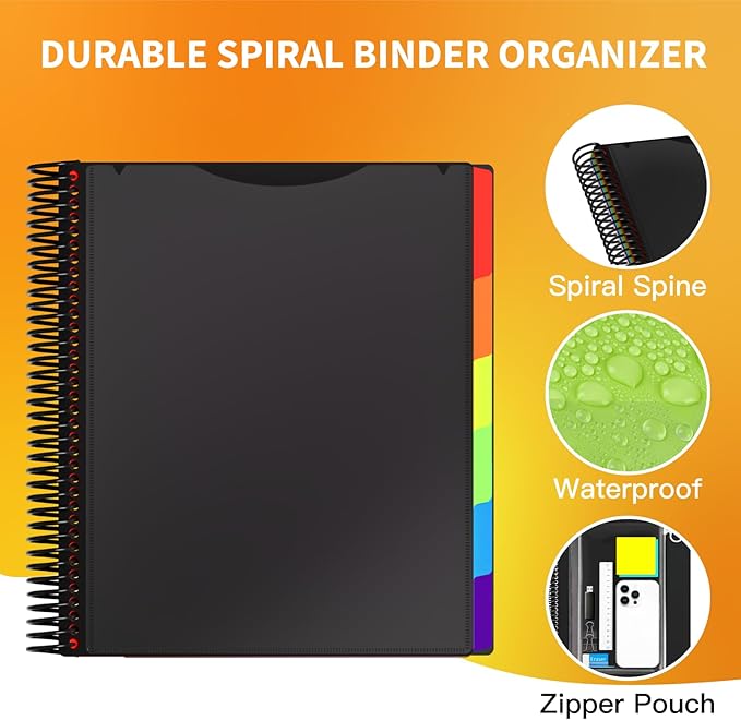 12 Pocket Project Organizer, 6 Colors Multi Pocket Folder Binder with Dividers, Spiral Pocket Notebook with Zipper Pouch, Office Organizer File Folders, Letter Size, School Supplies, Black