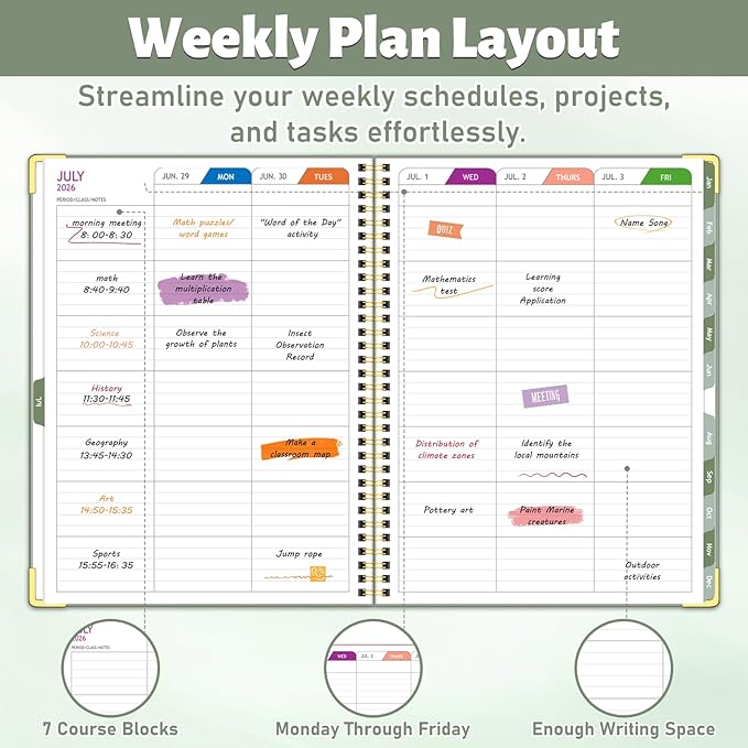 Teacher Planner 2026-2027, Jul 2026-Jun 2027 Academic Year, 8.5" x 11" Lesson Planner Book for Teachers Calendar, Spiral Bound Planners, Colorful Monthly Tabs, Hardcover, Corner Protectors - Green