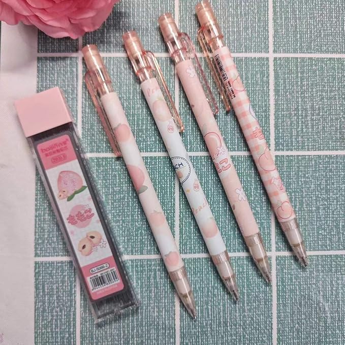 4PCS Cute Cartoon Mechanical Pencils Set with Tubes 0.5 mm Pencil Refills (Pink)