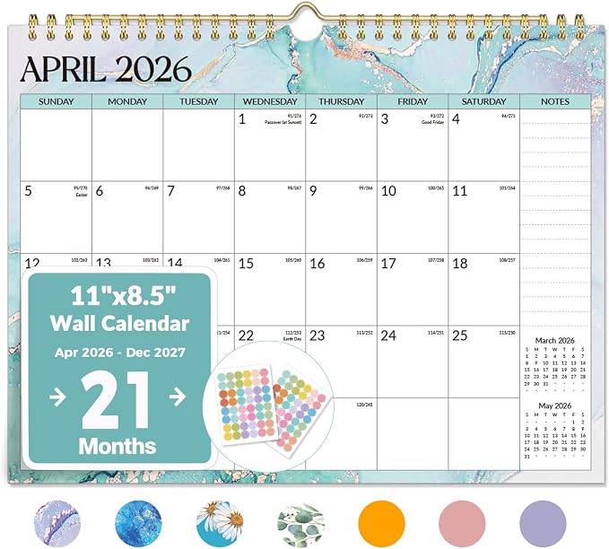 Forvencer 2026 Calendar, 21-Month Wall Calendar 2026, Apr 2026 - Dec 2027, 11" x 8.5" Monthly Planner Calendars with Note Pages & Stickers, Unruled Blocks, Spiral Binding Hanging for Home Office
