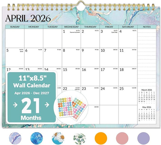 Forvencer 2026 Calendar, 21-Month Wall Calendar 2026, Apr 2026 - Dec 2027, 11" x 8.5" Monthly Planner Calendars with Note Pages & Stickers, Unruled Blocks, Spiral Binding Hanging for Home Office