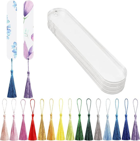 30 Pcs Acrylic Bookmark Blanks Bulk Clear Book Marks Kit with 30 Pcs Colorful Tassels Transparent Reading Book Page Mark Tags Set DIY Crafts Arts Projects Oval