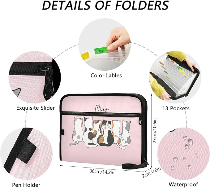 Cute Cats Pink Expanding Accordion File Folder with 13 Pockets and Zipper Closure