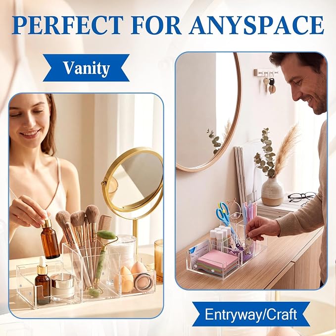 Novabright Magnetic 3-in-1 Clear Acrylic Desk Organizer, 6 Compartment Modular Pen Pencil Holder with Sticky Note Tray, Stationery Caddy & Desktop Storage Organizer for Office Home