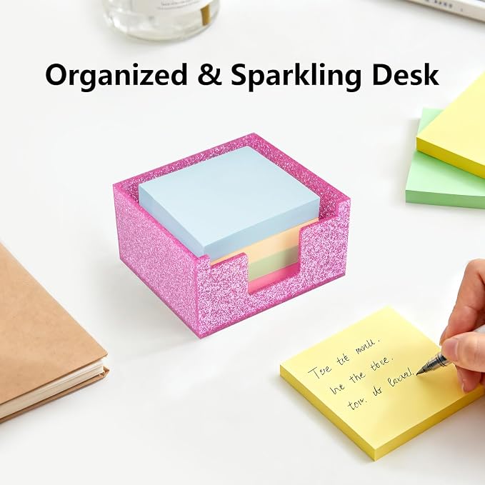 Rose Pink Sparkling Sticky Note Holder, Glitter Acrylic Organizer, 3.94 x 3.94 in Multi-Use Tray for Office, School & Home Desk