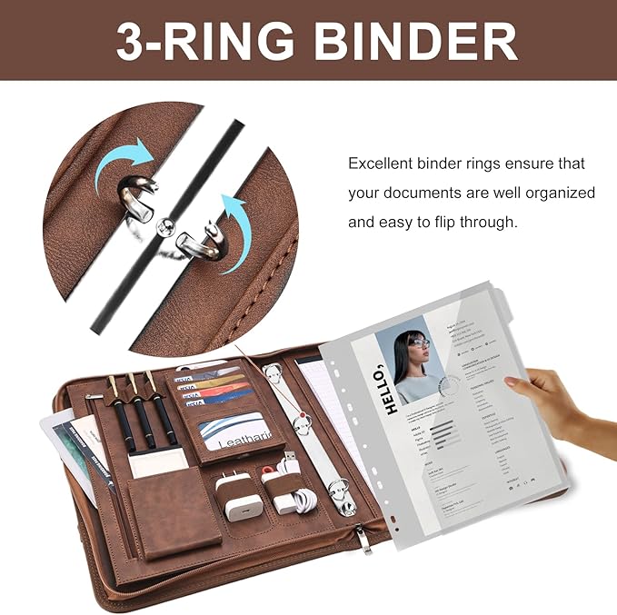 Leathario Portfolio Binder, Includes 5 Folder Index Dividers, 13 Inch Tablets Organizer with Handle, Vegan Leather A4 Padfolio, Multi-Pocket Notepad Business Planner Professional Document