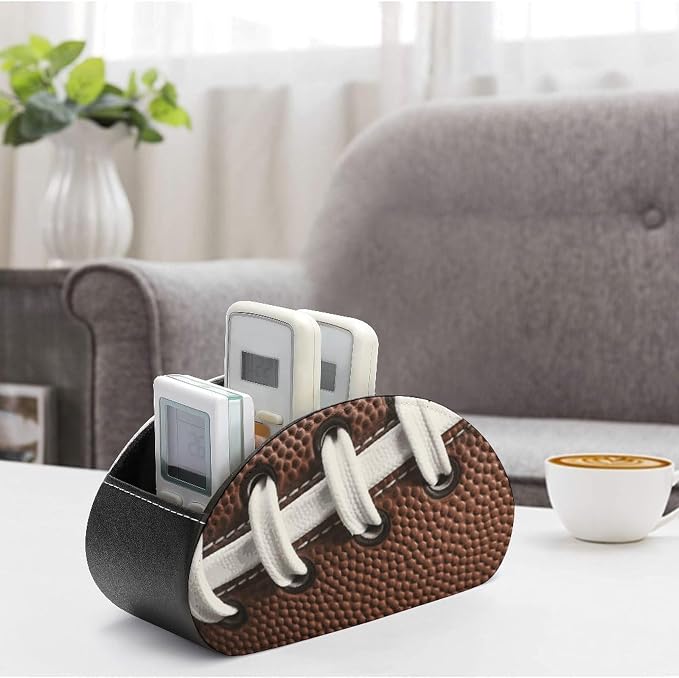 American Football Laces Remote Control Holders Pu Leather TV Remote Holder with 5 Compartments Desktop Storage Organizers Remote Caddy Box for TV Remotes/Media Controllers/Office Supplies