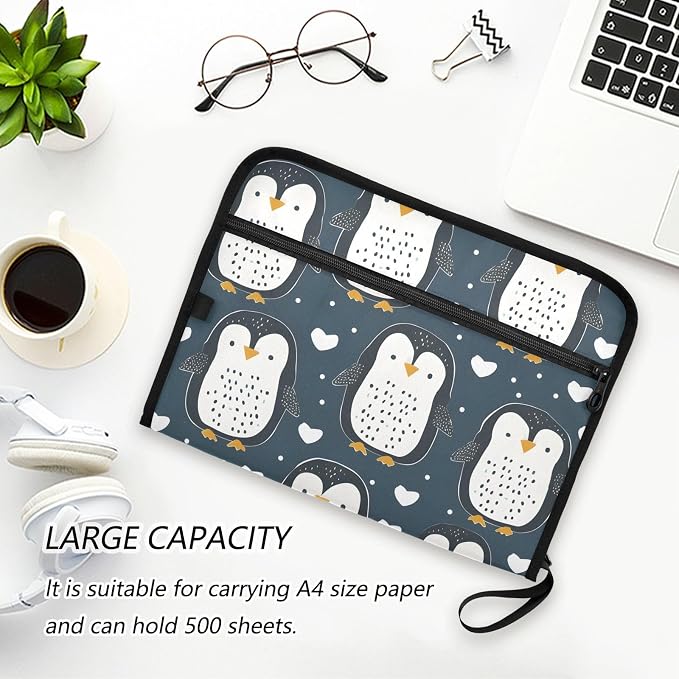 Expanding File Folder Cute Penguin Blue Accordion File Organizer 13 Pockets Document Organizer with Zipper Labels A4 Letter Office Storage