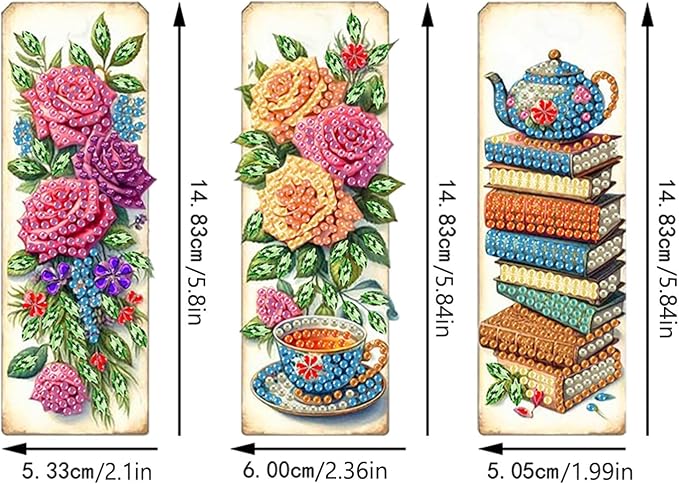 ARTopet 3Pcs DIY Diamond Art Painting Bookmarks with Colorful Butterfly Pendant PET Bookmark Ornament Double Sided Pattern Single Sided Diamond Book Marker Clip Gifts Tags-Rose