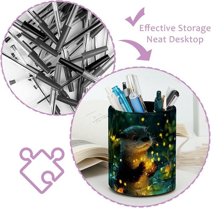 Cute Otter Leather Pen Holder for Desk, Multifunctional Desktop Organizer Pencil Cup, Desktop Caddy Stationery Organizer for School Home Office Desk Accessories