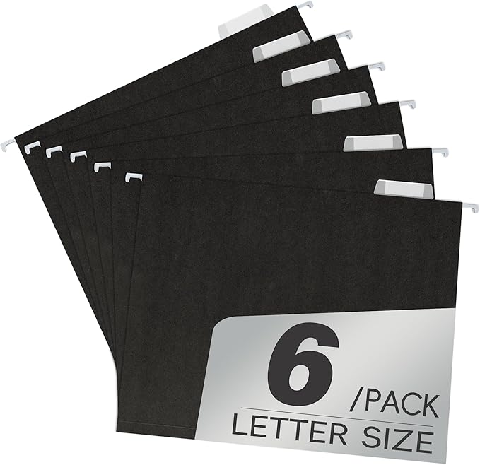 pmybupo 6 Pack Black Hanging File Folders,Letter Size Hanging Colored File Folders-,11 Point Paper Stock,1/5-Cut Adjustable Tabs,Bulk for Filing Cabinet