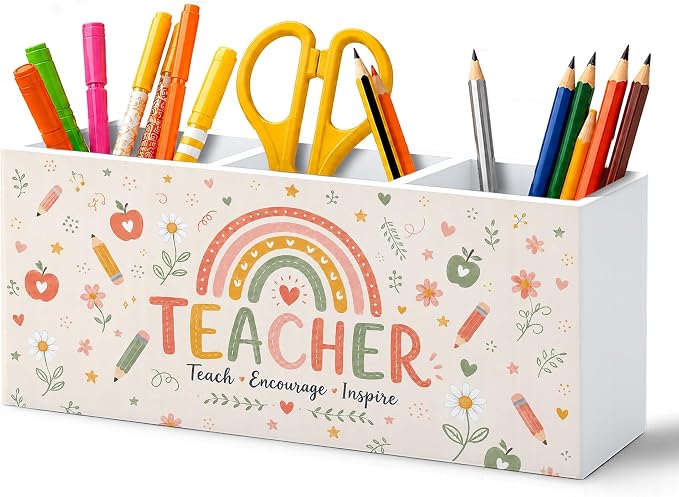 Teacher Gifts Pen Pencil Holder for Desk, Teachers Appreciation Gifts, Boho Rainbow Teach Encourage Inspire Wooden Pencil Holder Organizer Desk Accessories Decor for Home Office Desk Tabletop